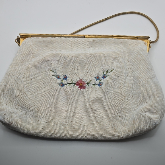 Vintage Ivory Beaded Handbag Embroidered Rose Floral Envelope Clutch French - Picture 2 of 16